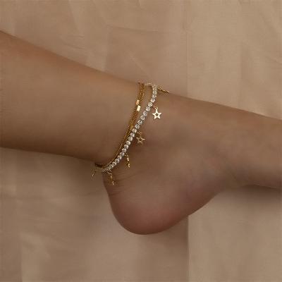 China FASHIONABLE wholesale 18k gold plated star charm tennis anklet bracelet stainless steel anklet chain foot jewelry for girl for sale