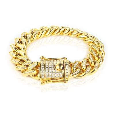 China Custom Hiphop Hiphop Jewelry Gold Plated Iced Out Full CZ Micro 10mm Diamond Pave Cuban Link Chain Bracelet for sale