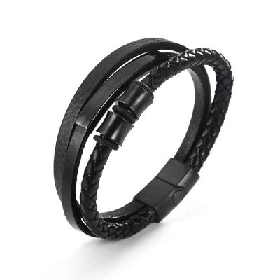 China CLASSIC Spanish Black Magnetic Clasp Mens Fashion Tube Stainless Steel Multilayer Braided Leather Bracelets Jewelry for sale