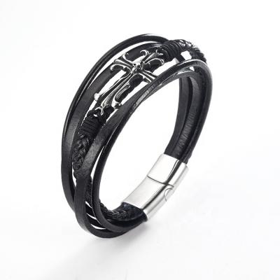 China New Arrival Stainless Steel CLASSIC Magnetic Clasp Cross Charm Braided Black Genuine Leather Strap for sale