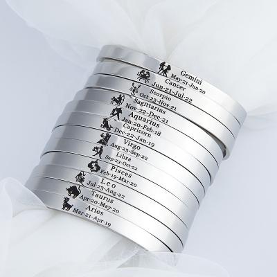 China CLASSIC Custom Zodiac Signs Engraved Initial Stainless Steel Bangle Jewelry Charm Gold Plated Cuff Bracelet for sale