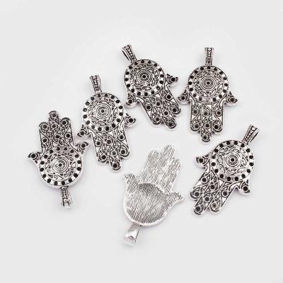 China TRENDY Tibetan Silver Large Fatima Hamsa Hand Pendant Charms for Necklace Jewelry Making Findings 32*54mm for sale