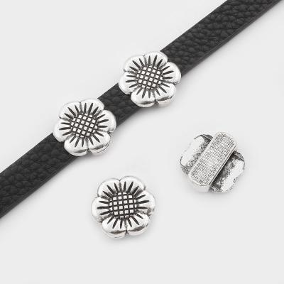 China Sun Zinc Alloy Silver Flower Beads Slide Spacer For 10*2mm Flat Leather Necklace Bracelet Jewellry Findings Making for sale