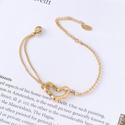 China TRENDY Moge Brazalete Fashion 18K Gold Plated Double Layered Chain Beaded Heart Hammered Bracelets For Women Jewelry for sale