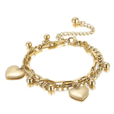 China 2021 New Design Fashion Double Layer Heart Bracelet Valentine's Day Present Stainless Steel Chain Ladies for sale