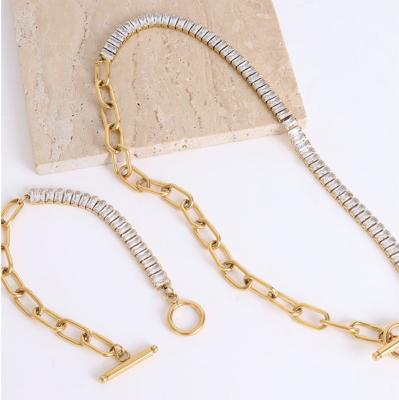 China Moge Joyas TRENDY Waterproof Jewelry Set Gold Stainless Steel Paperclip Chain Necklace Tennis Stick Bracelet Toggle Women for sale