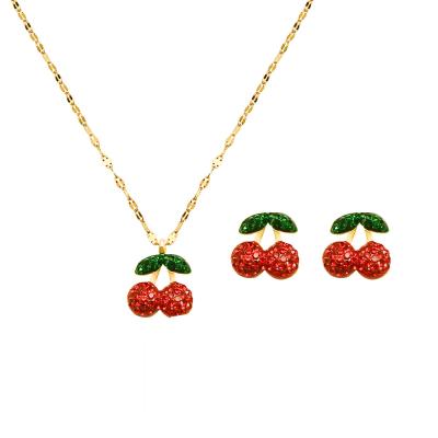 China Girl's Other Cherry Earring Necklace Set Cute Stainless Steel Elegant Zircon Cherry Earrings Custom Jewelry for sale