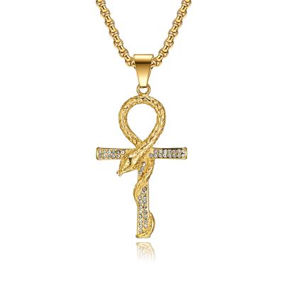 China Latest Trendy Design Snake Cross Pendant Necklace Hip Hop Crystal Rhinestone Cross Accessories for sale