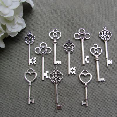 China Can use for gifts 50pcs per set antique silver alloy fake key pendants charms wedding favors decor 53mm-68mm big size for sale