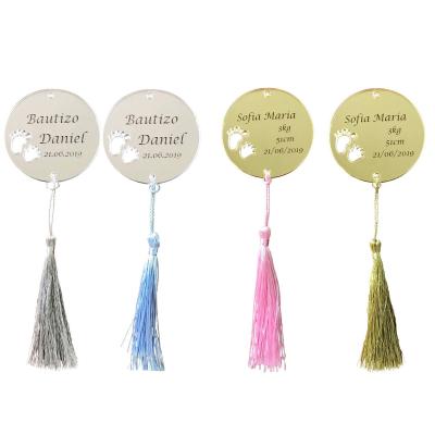 China Can Use For Gift Custom Name Acrylic Mirror Personalized Round Circle Tags Invitation Card Baby Shower Guest Gifts Baptism Hangs With Tassels 5cm for sale