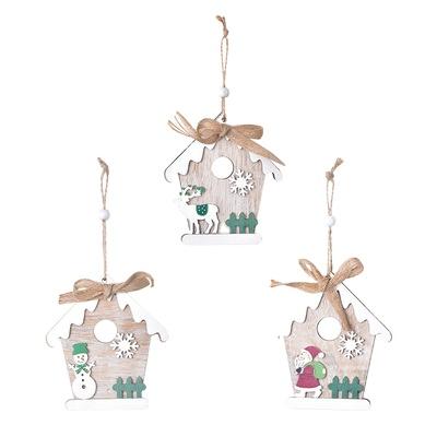 China Cute Christmas Tree Hanging Wooden Bowknot House List Hanging Christmas Tree Ornaments Christmas Scene Decorations Laser Cut for sale