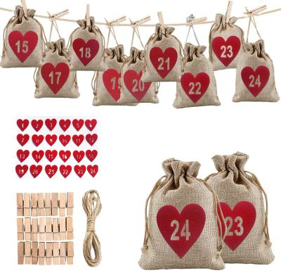 China Christmas Gifts 1-24 Christmas Advent Calendar Bag Linen Candy Bag Christmas Gift Bags with Clip Heart Felt Numbers Heart Christmas Decoration for sale