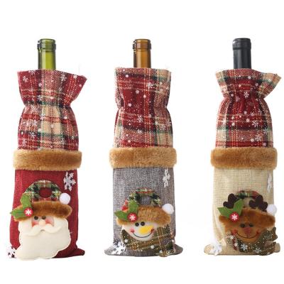 China Canvas Wine Champagne Bottle Bags Santa Claus Wine Bottle Covers Red Salling Christmas Cute Warm Plaid Decorations for sale