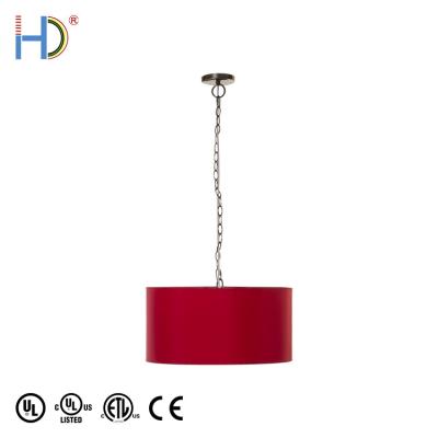 China Large Fancy Hotel Red Drum Shade Antique Brass Fabric Ceiling Pendant Light for sale