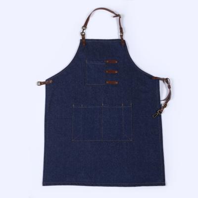 China AZO FREE Unisex Apron Jean Girth Chef Apron Kitchen Denim Blues Jeans Custom Apron With Leather Strap for sale