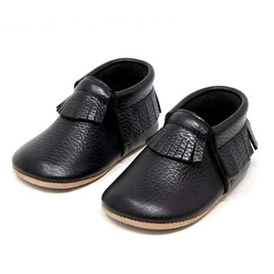 China Black Color Round Customized Toddler Moccasins Shoes Soft Leather Baby Shoes for sale