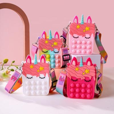 China Fashion Summer Color Silicon Bubble Mini Handbags Unicorn Pop Messenger Bag Kids Purses Women Handbag for sale