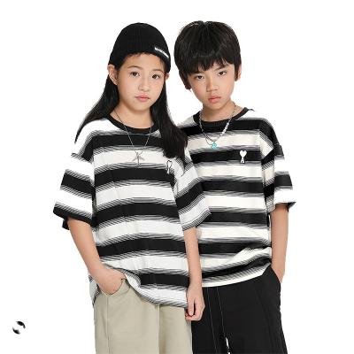 China Custom 100% Anti-Wrinkle Sale Cotton Short Sleeve Drop Shoulder Knitted Fabric Stripe T-shirt For Kids for sale