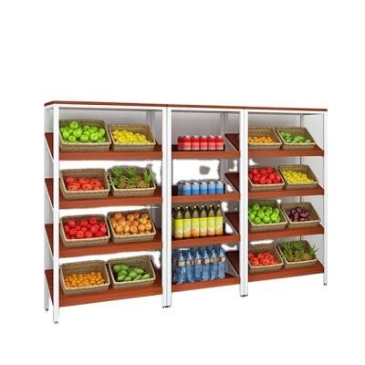 China Single Sided Modern Grocery Display Store Bevel Shelves Steel And Wood for sale