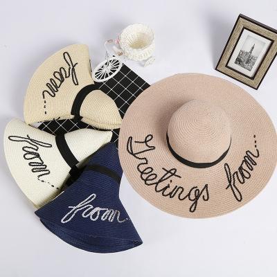 China 2022 Good Quality Big Picture Women's Wide Brim Colored Natural Straw OVERSIZE Stylish Embroidered Soft UV Beach Sun Hats For Ladies for sale