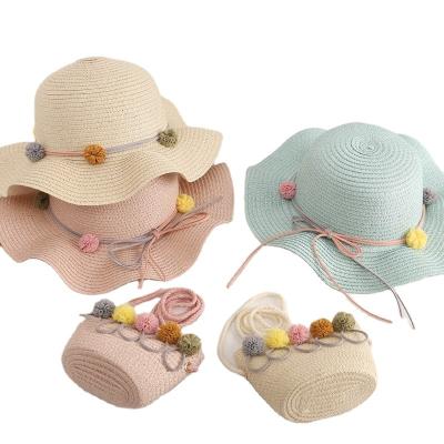 China AMAZON HOT SALE Casual Kids Cartoon Bowknot Toddler Girl Beach Baby Straw Hat AND BAG SET Superior High Quality For Kids for sale