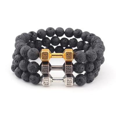 China Live Lift Lava Stone Dumbbell Beaded Bracelet Ethnic Charm Fitness Bracelet Barbell for sale