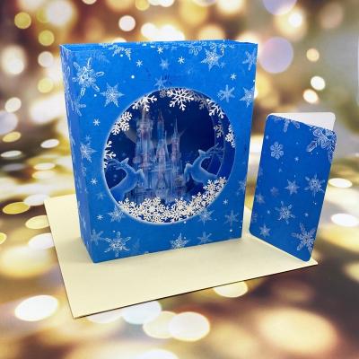 China Wholesale North America 3D Christmas Handmade Gift Certificate Blue Snow Castle Moose Blessing Card Greeting Card for sale