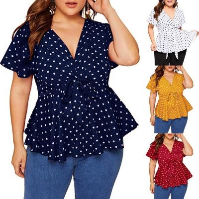 China Top Polka Dot Knot Front Womens Tops Women's V-Neckline Breathable Plus Size Short Sleeve Shirt and Summer Blouse for sale