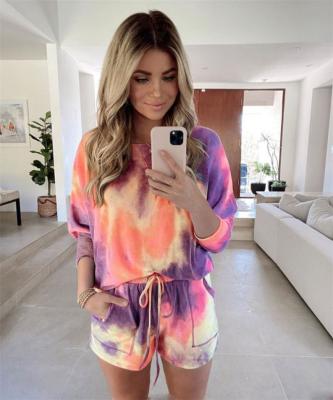 China D3644 Private label QUICK DRY women long girdle tops and shorts tie dye women sleepwear pajamas for sale