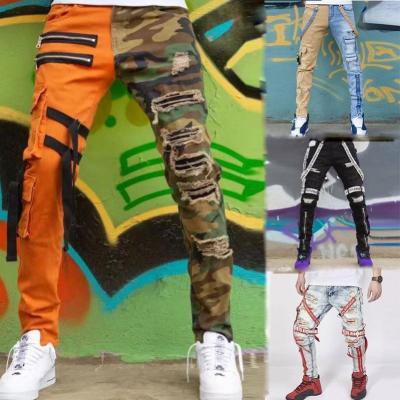 China Hot Selling Patchwork Straight IVY Camouflage QUICK DRY Ribbons Ripped Custom LOGO Cargo Pants Stylish Mens Skinny Jeans for sale