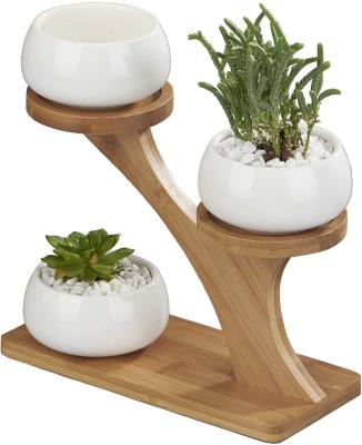 China Mini Flower Potted Shelf Bamboo Stand for Home Office Garden Kitchen Decorations 3 Tier Planter Pots Indoor Outdoor, with 3 Pots for sale