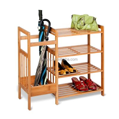 China Viable Wholesale Entryway 4 Tiers Natural Bamboo Shoe Storage Rack With Umbrella Storage Rack for sale