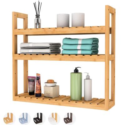 China Traditional Bamboo Multifunctional Wall Mount Storage Rack Toilet Shelf 3-Tier Bathroom Utility Shelves for sale