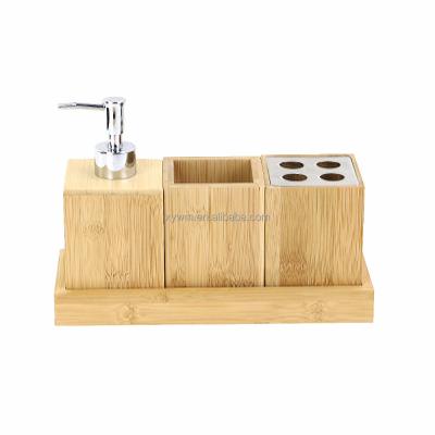 China Sustainable 3 PCS Wooden Bamboo Bathroom Set with Tray - Soap Pump, Cup, Toothbrush Holder for sale