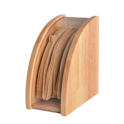 China Sustainable Bamboo Wooden Coffee Filter Paper Rack With Cover Acrylic Coffee Filters Dispenser Rack Shelf Storage for sale