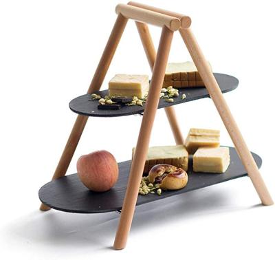 China 2 Layers Sustainable Slate Bamboo Shelf Snack Tray Fruit Plate for sale