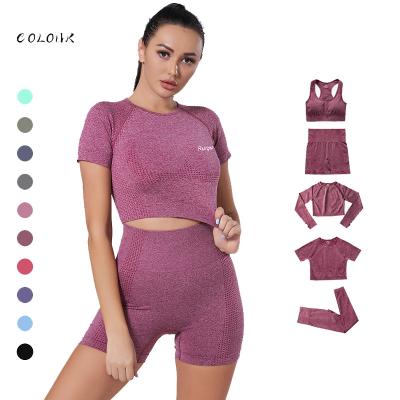 China Breathable Popular Seamless Yoga Suit 5 Piece Sports Shirts Crop Top Gaiters Gym Clothes Fitness Tracksuit Workout Set for sale