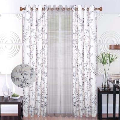 China Cheap Gray Blackout Flower Printed Blackout Curtain Solid Semi Sheer Curtain Set For Bedroom for sale