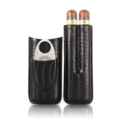 China CT Portable Luxury Black Crocodile Size Leather Cigar Case With Cutter Set For Father's Day for sale