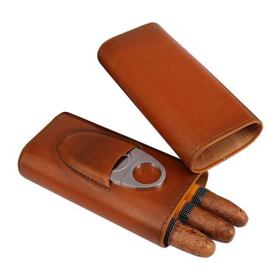 China Portable Size Holds 3 Cigar Black Portable Size Leather Carry Case Cigar For Suit With Cutter for sale