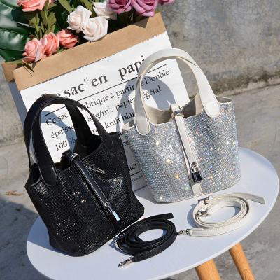 China Fashion 2021 Fashion Bling Rhinestone Bucket Bag Women Trend PU Leather Luxury Handbag for sale