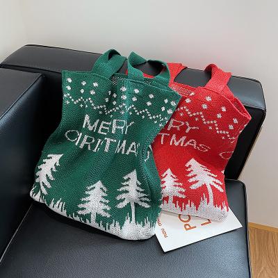 China Christmas Folding Holiday Knitted Women Tote Bag Retro Letter Tree Girl Shoulder Bag Shopping Bag for sale