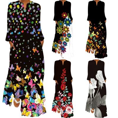 China Amazon 2021 Washable Fashion Printed Women Plus Size Maxi Dress Loose Butterfly Flower Pocket Casual Dress for sale