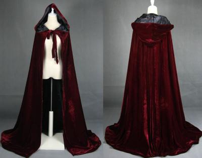 China Polyester wine red black velvet hooded cloak wedding cloak Halloween wicca robe cloak for sale