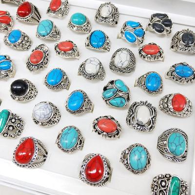 China Stainless Different Red Stone Ring Face Blue Green White Turquoise Ring For Women Natural Vintage Stainless And Man Jewelry for sale