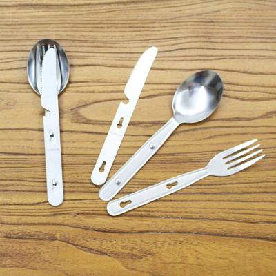 China Sustainable Camping Tableware Stainless Steel Cutlery Three Piece Travel Set Outdoor Tableware Dinnerware With Corkscrew for sale