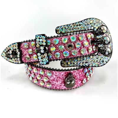 China Fashion Bling Bling Amazon Rhinestone Logo Pink Rhinestone Leather Custom Belt Plus Size Crystal Belt For Men Jean Diamond Belt With Skull for sale