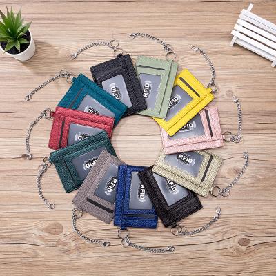 China Handmade Minimalist RFID Front Pocket Slim Wallets Security Mens Genuine Leather Credit Card Holder With Chain for sale