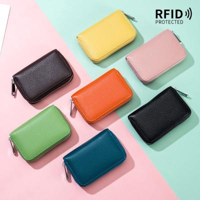 China Real Genuine Natrual RFID Credit Trolley Holder Wallet Leather Genuine Leather rfid Blocking Zipper Card Holder Wallet Men Women for sale