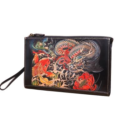 China Oil Painting Italy Envelope Handbag Portable Handmade Natural Genuine Leather Unisex Clutch Bag for sale